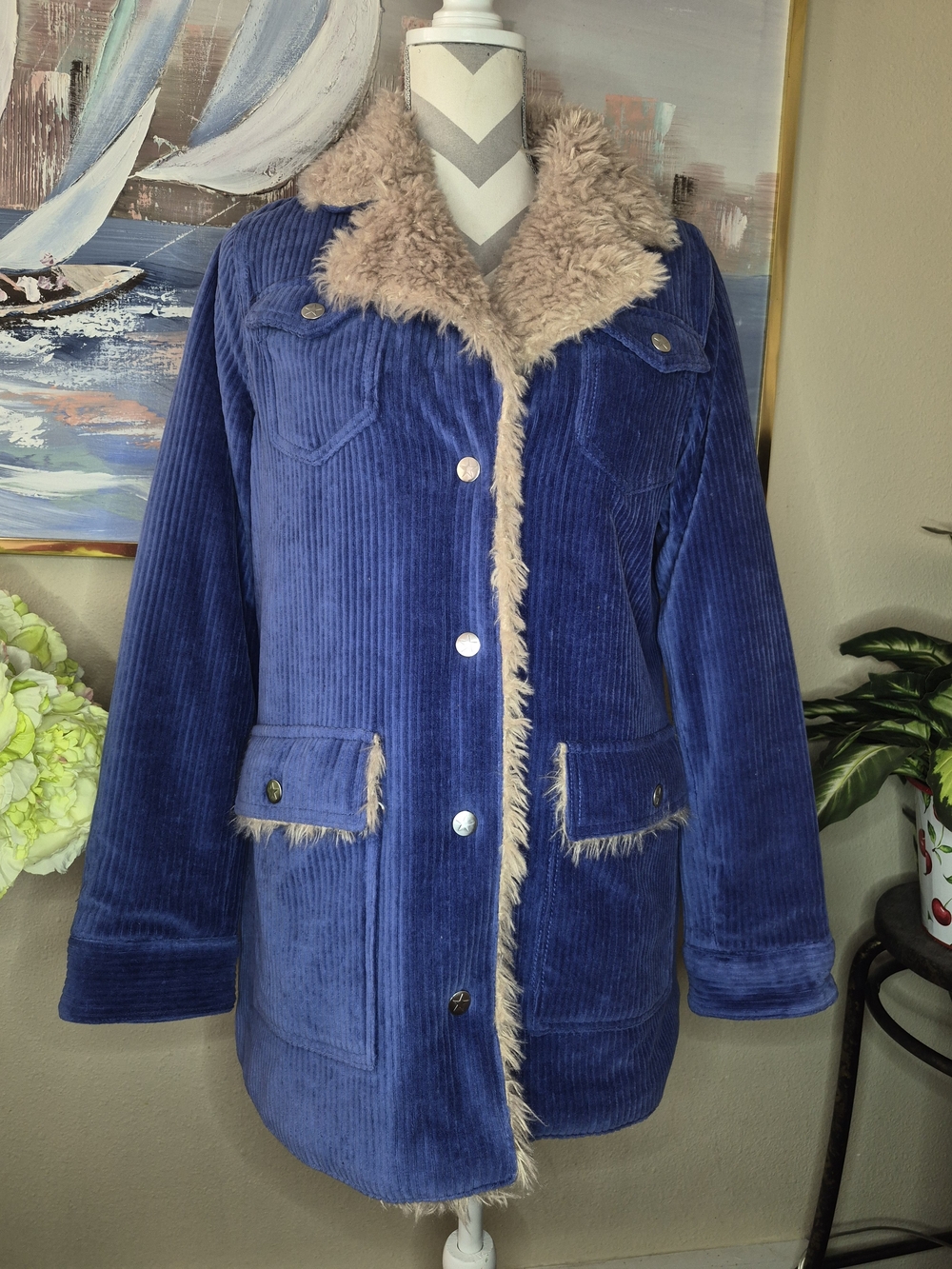 Sage Blue Corduroy Teddy-Lined Jacket with Beige Faux Fur